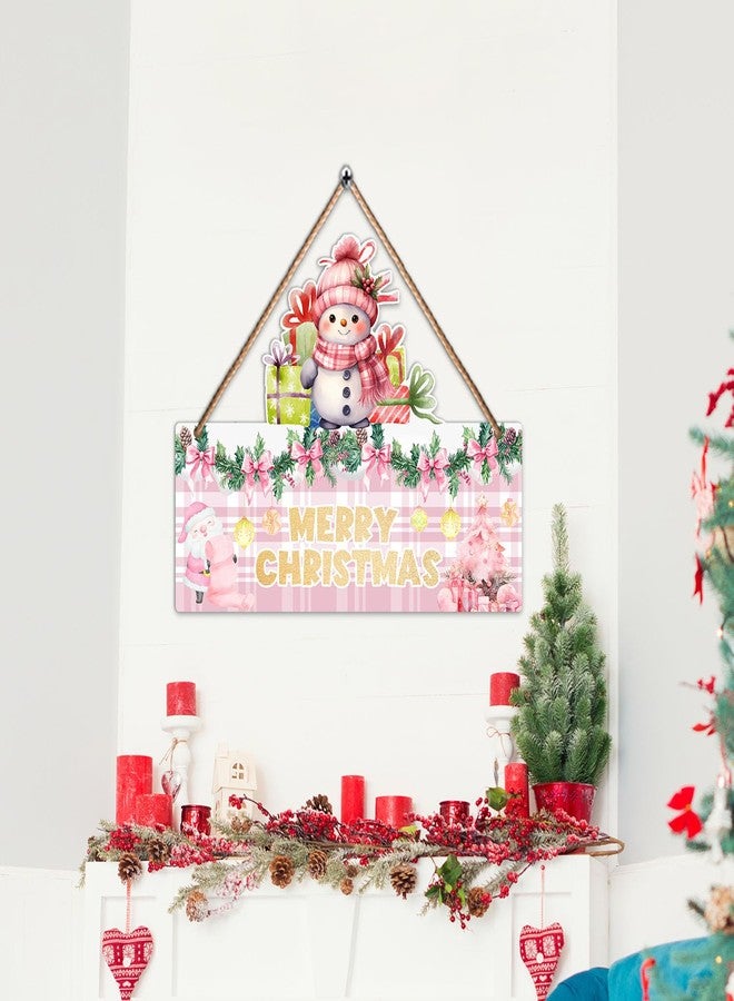 Hatzelou 1PCS Merry Christmas Wall Hanging Sign, Pink Wooden Sign for Front, Chrismas Theme Welcome with Snowman, Perfect for Winter Farmhouse Garden Porch Wall Decor (Christmas Door Sign) - Image 4